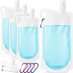 Maxdot 4 Pack 1L Collapsible Travel Water Bottles with Clip 33 oz Clear Foldable Water Pouch Container Bag for Hiking Backpacking Camping Travel Emergency