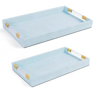 2 Pack Large Ottoman Tray Shagreen Decorative Tray Serving Tray with Acrylic Gold Handles, Ice Blue Vegan Leather Coffee Table Tray for All Occations Home Decor