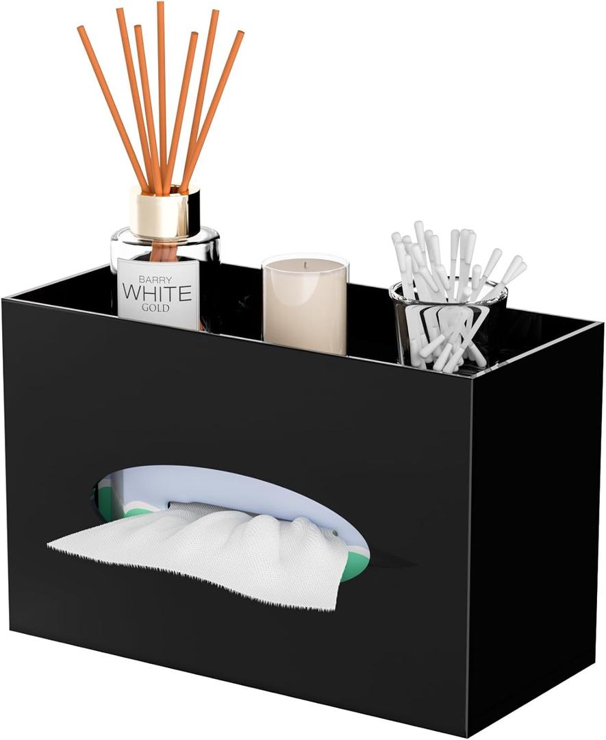 Black Acrylic Tissue Box Cover Rectangular,Acrylic Tissue Dispenser with Storage Tray for Bathroom Kitchen Home Office (Black, 9.85x4.5x6.3)