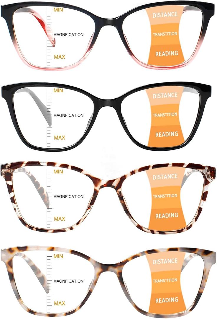 4 Pack Progressive Multifocus Reading Glasses for Women Men Blue Light Blocking Readers with Spring Hinge, 1.0 x