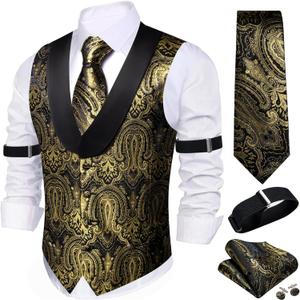 Barry.Wang Mens Silk Lapel/Shawl Collar Vest Tie Sleeve Holder Set Formal/Casual Paisley Vests Wedding Tuxedo Waistcoat (Black)
