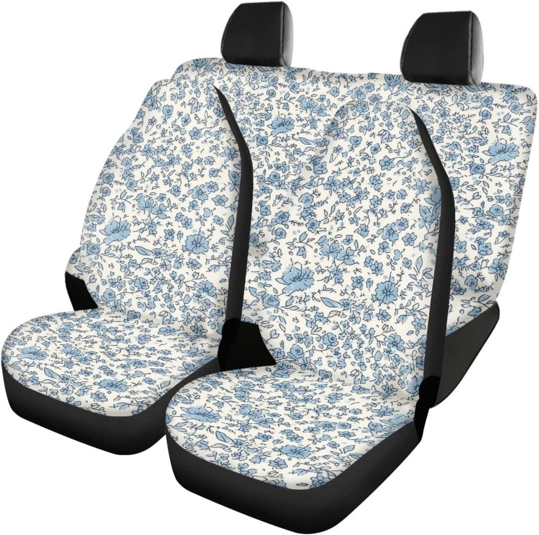 Retro Floral Print Car Seat Covers Full Set for Women Boho Blue Flower Seat Protector Cover Nonslip Car Decor Accessories for Vehicle Car SUV Truck, White
