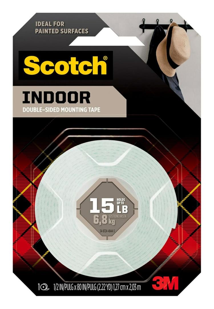 Scotch Indoor Double-Sided Mounting White Tape, 1/2 in x 80 in, Features 3M Industrial Strength Adhesive, Delivers a Strong & Permanent Bond on Contact, No Mess or Tools (110S)