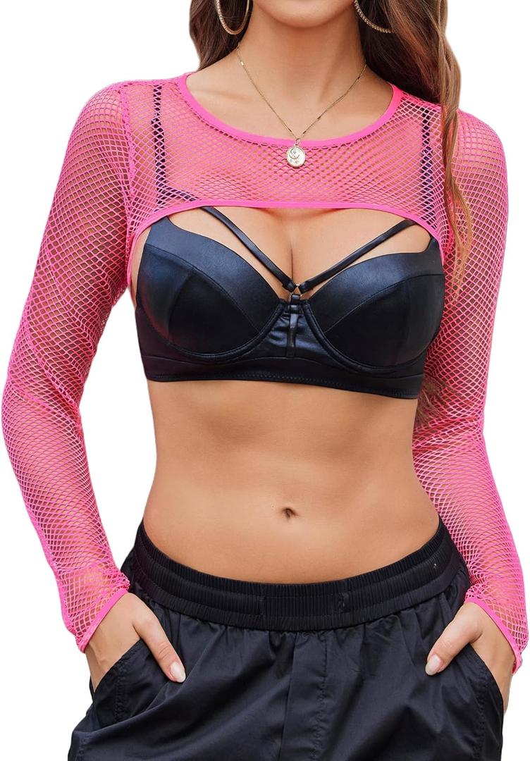 Avidlove Women Fishnet Long Sleeve Crop Top See Through Shirt Sheer Blouse Sexy Outfits (Medium, Fluorescent Rose Pink)