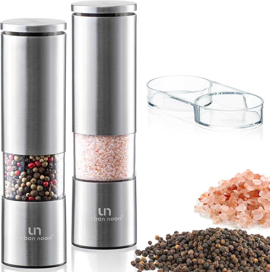 Salt and Pepper Grinder Set - Stainless Steel Pepper Grinder and Salt Grinder with Tray in Luxurious Gift-Box - Manual Mills with Ceramic Grinders and Adjustable Coarseness (Set of 2 plus Tray)