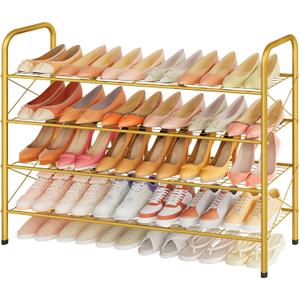 Hoctieon 4 Tier Mesh Style Shoe Rack, Entryway Shoe Shelf, Shoe Storage Organizer, Shoe Rack for Closet, Space Save for Bathroom, Garage, Hallway, Bedroom, Living Room, Gold