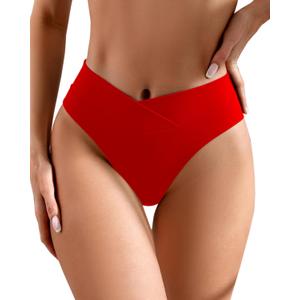 Women's V Cut High Waisted Brazilian Cheeky Thong Bikini Swimsuit Bottoms (Red, L)