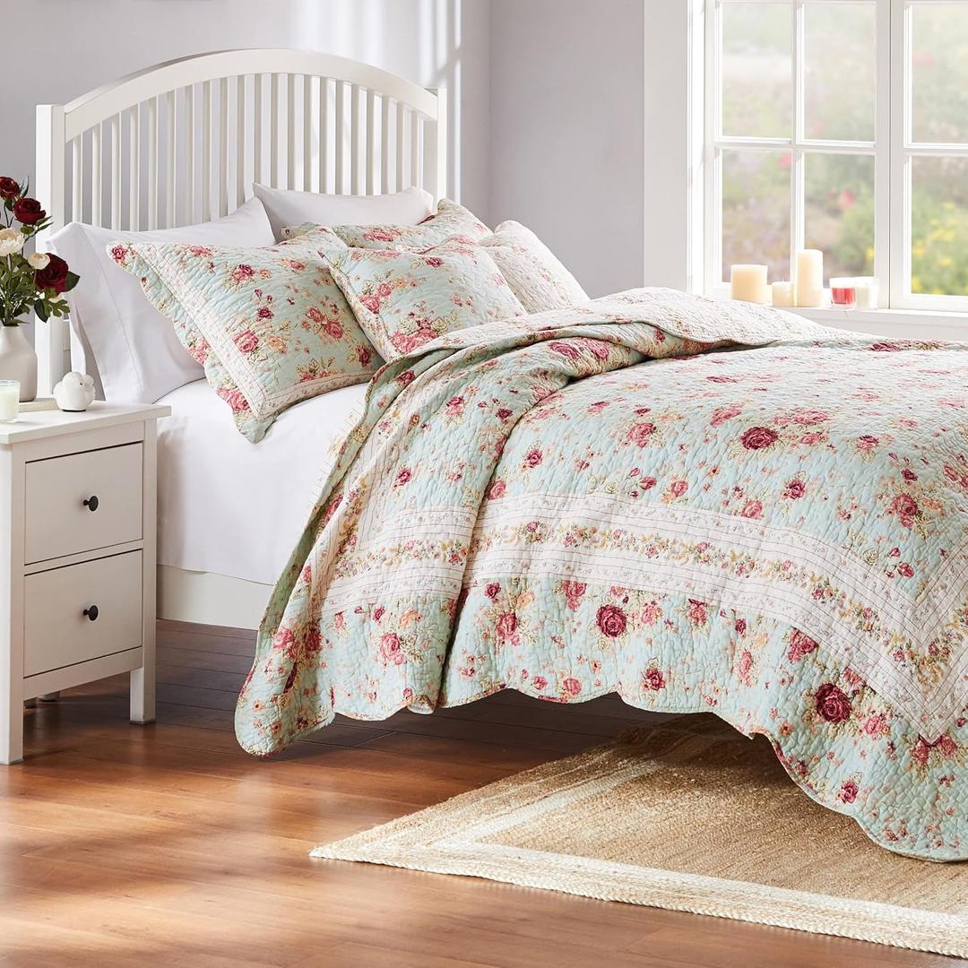Greenland Home Antique Rose 100% Cotton Heirloom-Quality Quilt Set, 5-Piece Full/Queen, Blue