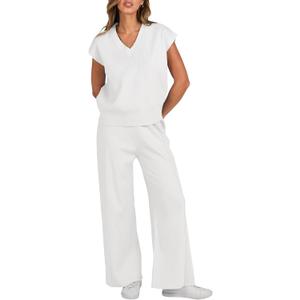Caracilia Women's Summer 2 Piece Sweater Vest Sets Knit Top & Wide Leg Pants Lounge Matching Set 2025 Spring Airport Outfits White, Size: Small