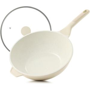 SENSARTE Ceramic Nonstick Wok with Lid, 11 Inch Non Toxic Stir-fry Pan Induction Cookware, Deep Frying Pan Skillet with Stay-Cool Handles, PFAS/PTFE/PFOA Free