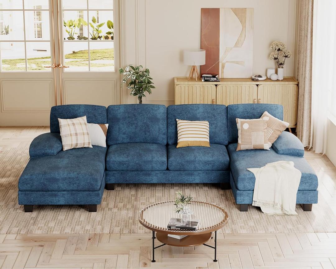 JUMMICO Sectional Couches for Living Room, U Shaped Couch with Chenille Fabric, 4 Seat Modern Sofa with Removable Pillows for Apartment and Small Space (Fabric, Blue)