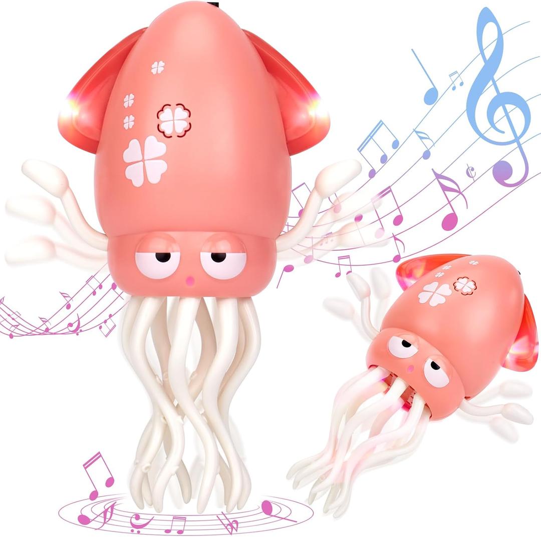 Hahaland Dancing Squid Toy - Tummy Time Toys, Crawling Toys, Rechargeable Wiggling Musical Standing Toy, Funny Baby Girl Gifts, Electric Dancing Octopus Christmas Baby Gifts Toddler Stocking Stuffers (Pink)