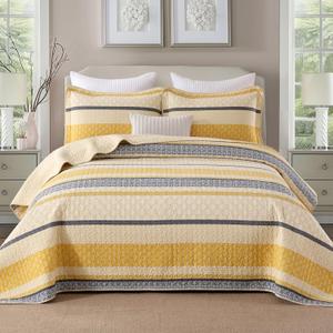 Homzard Quilt Cotton Queen Quilt Bedding Set,Yellow Black Grey Queen Size Comforter Set,Striped Bedspread Queen Size, Lightweight Farmhouse Bed Set Cover All Season 3 Pieces (Queen (90"x98"), 01-2 Yellow/Gray/Black)
