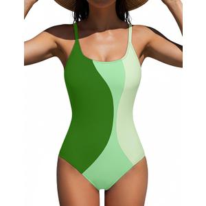 BMJL Womens One Piece Swimsuit Sports Full Coverage Bathing Suit Color Block Slimming Tummy Control Swimming Suits (Small, Green)