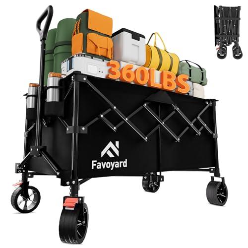Favoyard Extra Large Collapsible Wagon Carts Foldable 360LBS Heavy Duty Beach Wagons with Big Wheels & Brakes Portable Folding Cart for Shopping Grocery Utility Sports Garden Camping Outdoor, Black