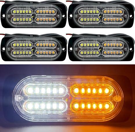 1224V 24LED Super Bright LED Emergency Strobe Lights Warning for Cars Trucks Vehicle SUV Caution Hazard Construction Waterproof Amber Strobe Bar with 32 Different Flashing 4PCS (White Amber)