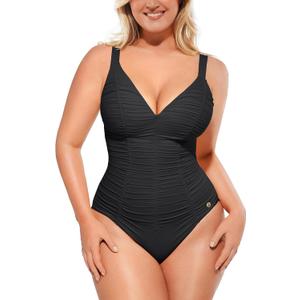 SHAPELLX Womens One Piece Swimsuit Tummy Control Ruched Slimming Swimwear Bathing Suit with Adjustable Lace-Up Back (Black, XXXL)