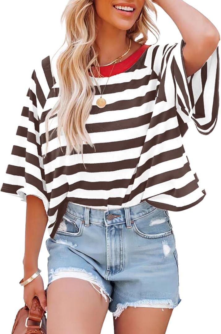IWOLLENCE Women's Loose Casual Summer Striped Tops Crewneck 1/2 Short Sleeve Color Block Tee Oversized Cropped Shirts (M)
