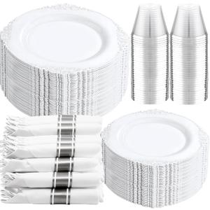 Liacere 350PCS Silver Plastic Plates&Pre Rolled Napkins for 50 Guests - Plastic Dinnerware Sets 100Silver Disposable Plates, 150Silver Silverware, 50Cups and 50Napkins for Wedding&Party