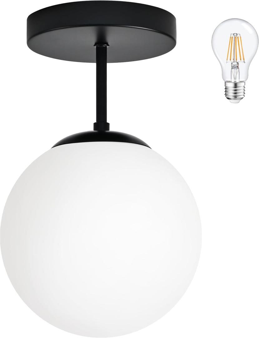 Bagood 8" Black Semi Flush Mount Ceiling Light Fixture Milk Glass Globe Ceiling Light Fixtures Hallway Light Fixtures Mid Century Ceiling Lights Matte Black Finish for Entryway Foyer (Bulb Incl.)