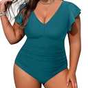 Yonique Plus Size Swimsuits for Women One Piece Tummy Control Bathing Suits Ruffle Swimwear Teal 20W