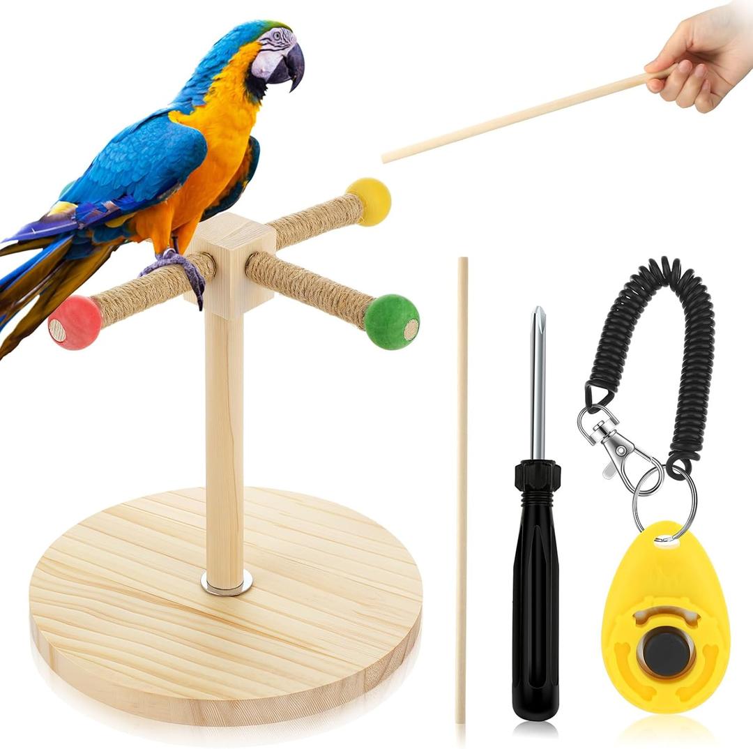 Cunno 3 Pcs Bird Training Stand Kit, Parrot Training Clicker Portable Tabletop Bird Perch and Target Stick, Wooden Spin Perch Clickers with Wrist Strap for Parakeet Conure Lovebird Cockatiel (Spin)