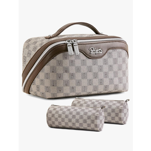 BOYATU Travel Makeup Bag Cosmetic Bags for Women: Large Make up Bags Set of 3 - Portable Makeup Organizer with Compartments&Handle&Divider - Waterproof PU Leather Toiletry Bag(C-1-Light Brown)