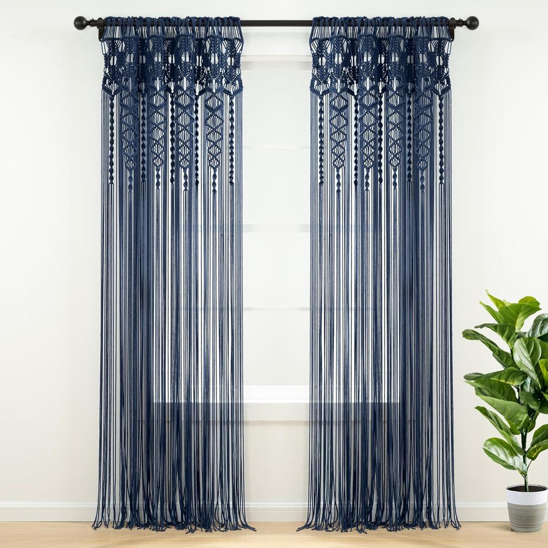 Lush Decor Boho Macrame Textured Cotton Window Curtain Panel Single 40" W x 84" L Navy - Macrame Curtains for Windows, Room Divider, Boho Wall Decor