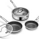 Frying Pans Nonstick Set with Lid,Hybrid Non Stick 5 Quart Saute pan,10 inch Skillet,8 inch Skillet PFOA Free Cookware,Stainless Steel skillet,Deep Braiser,Dishwasher Safe,Works on All Cooktops