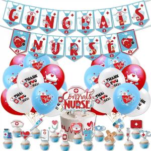 Nurse Graduation Party Decorations 2026, Nursing Graduation Party Supplies with Congrats Nurse Banner, Nurse Balloons, Nurse Cupcake Toppers for Nurses Week Decorations 2026