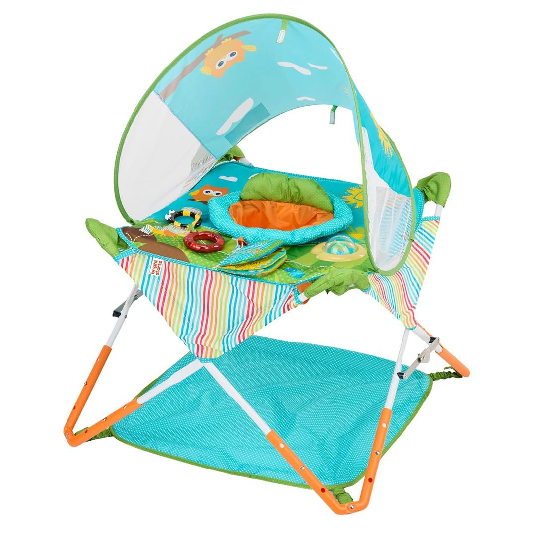 Bright Starts Pop 'N Jump Portable Baby Jumper, Foldable Indoor/Outdoor Baby Jumper with Owl Forest Sensory Activities, Ages 612 Months