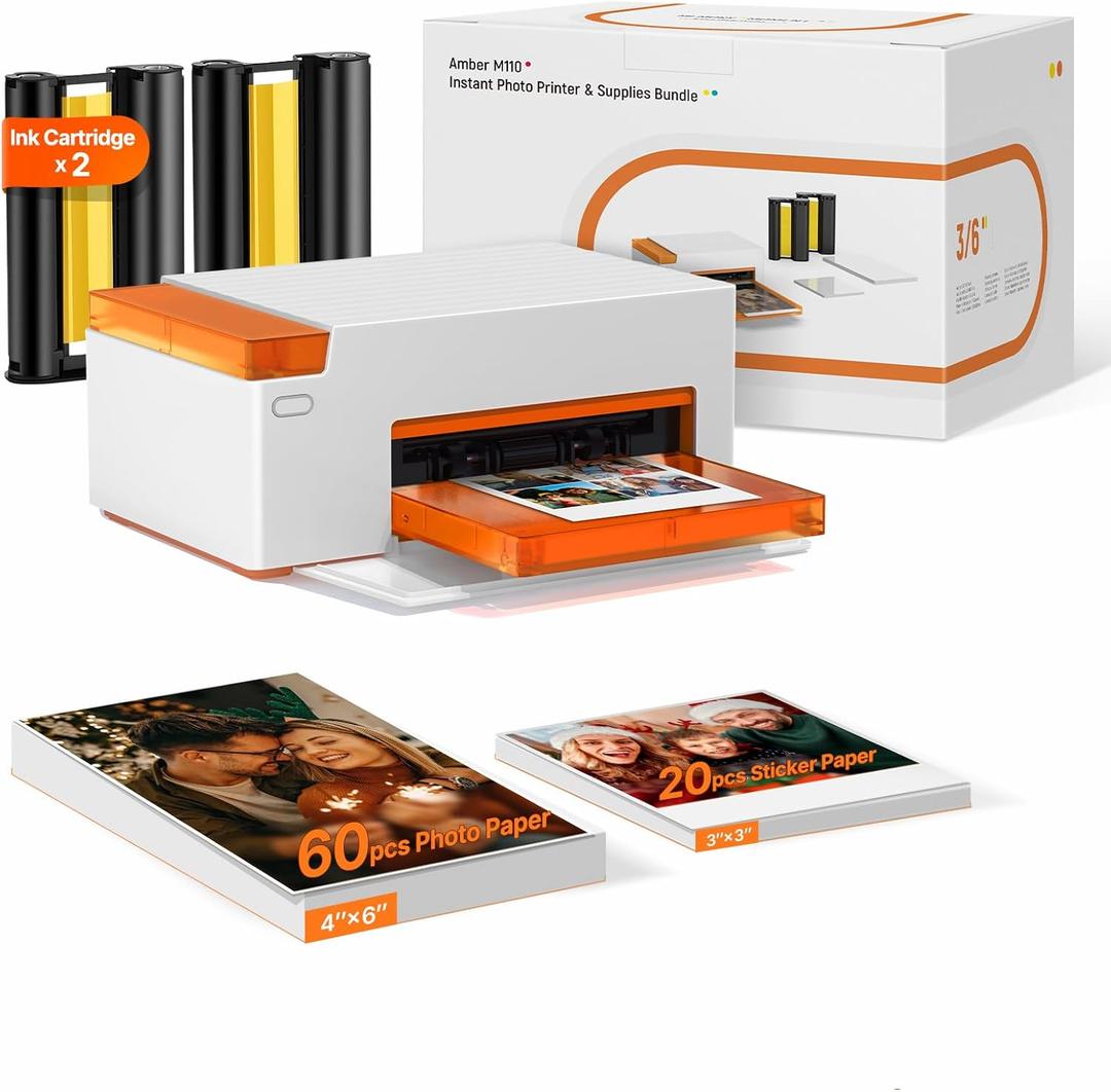Liene Amber M110 Bluetooth Photo Printer 80 Sheets, Portable Photo Printer for iPhone, Thermal Dye Sublimation, Picture Printer 60 Sheets 4x6 Paper & 20 Sheets 3" Square Sticker Paper & 2 Cartridges