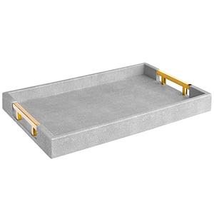 Home Redefined Modern Elegant 17.5"x12" Rectangle Glossy Grey Shagreen Faux Leather Decorative Tray Ottoman Coffee Table Perfume Kitchen Display Perfume Serving Tray with Gold Polished Metal Handles.