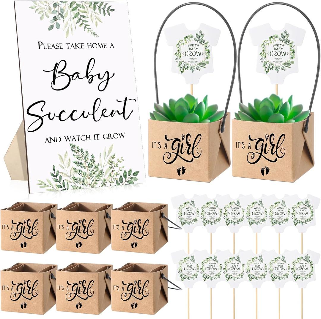 Geetery 101 Pcs Succulent Baby Shower Party Favor 1 Wooden Table Sign 50 Tags and 50 Kraft Succulent Pots for Guest Baby Shower Favors Gifts(Girl)