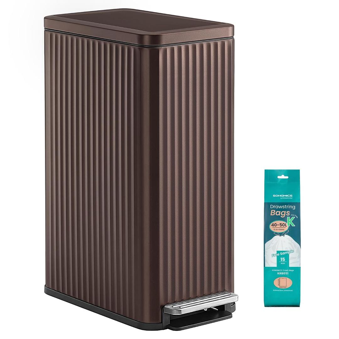 SONGMICS Trash Can, 13 Gallon (50 L) Slim Garbage Can for Kitchen, with Soft-Close Lid, Pedal, Removable Inner Bucket, Stainless Steel, 15 Trash Bags, Space-Saving, Brown ULTB350MZ01