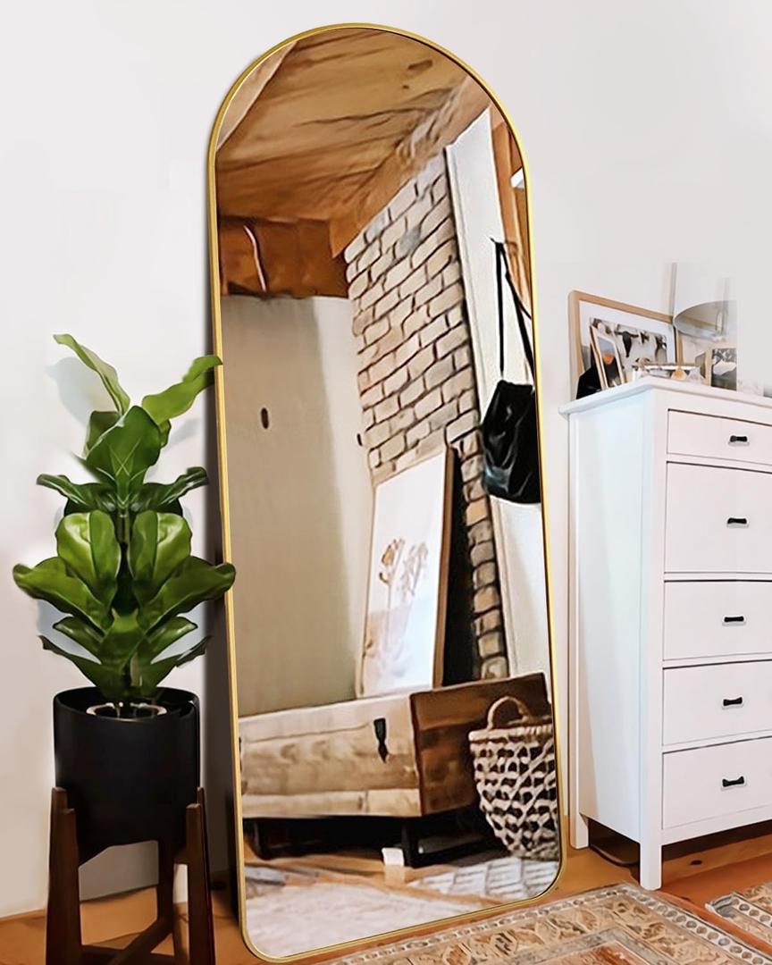 Floor Mirror, Full Length Mirror with Stand, Arched Wall Mirror, Mirror Full Length, Gold Floor Mirror Freestanding, Wall Mounted Mirror for Bedroom Living Room, Gold-Round