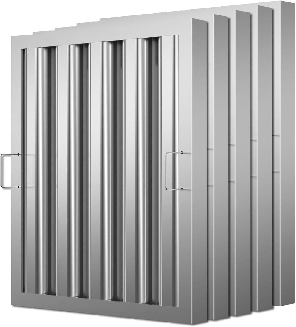 Stainless Steel Commercial Kitchen Hood Filter 19.5 W x 15.5 H Inch Range Hood Baffle for Grease Rated Commercial Kitchen Exhaust Hood 4 Grooves Hood Filter (5 Pack)