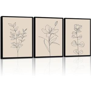 CHTEXA Minimalist Botanical Wall Art Set Of 3 Framed Canvas Prints Neutral Beige Plant Line Art Decor For Living Room Bedroom Bathroom Office 16x24 Inch
