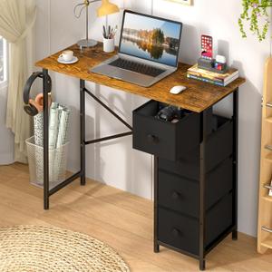 Computer Desk with 4 Fabric Drawers, 35.4 Inch Small Home Office Writing Desk, Simple Table PC Desk for Small Places, Kids Girls Teen Study Writing Desk for Bedroom Dorm Rustic Brown