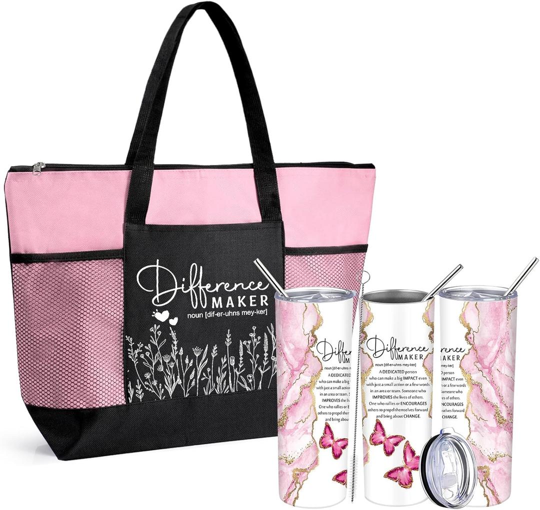Buryeah 2 Pcs Difference Maker Gift for Women Thank You Tote Bag & Tumbler for Employee Coworker Volunteer Nurse Gift(Pink)