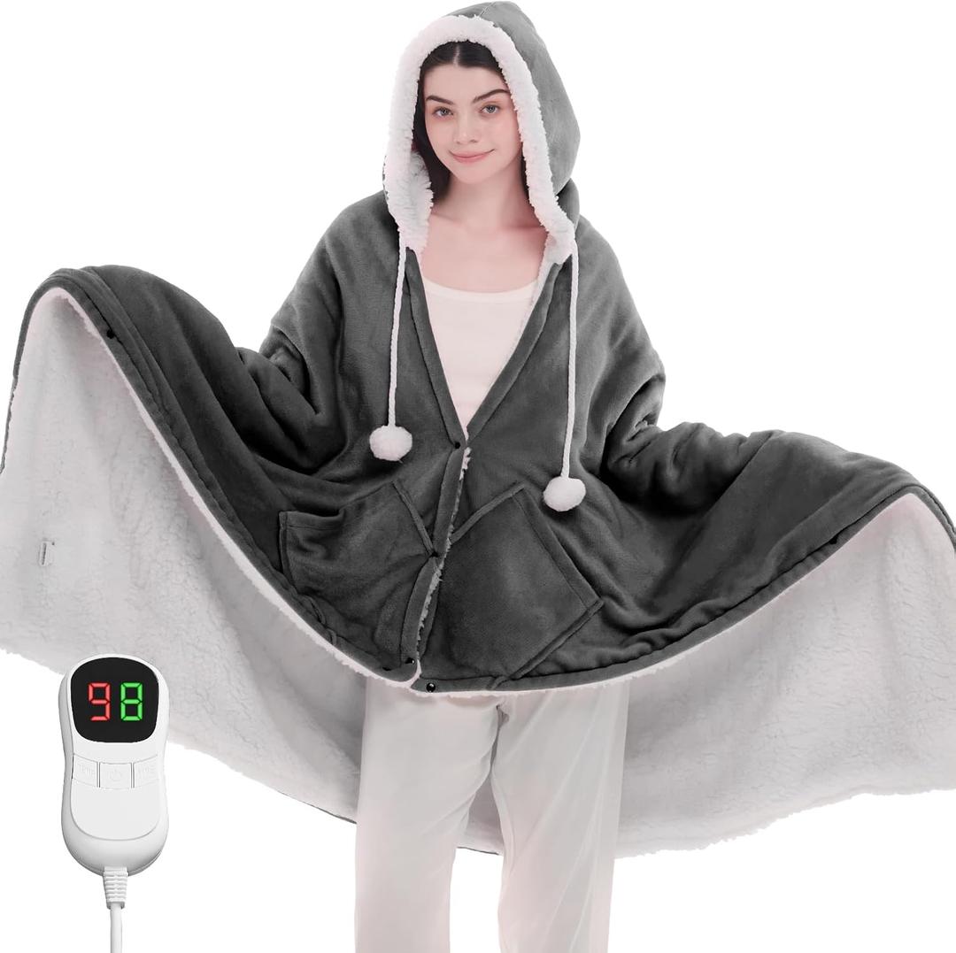 Heated Electric Blanket Shawl - Wearable Heating Blanket Heated Throw Blanket - Heated Hoodie Poncho Wearable Flannel Wrap with 10-Level Heating Auto-Off for Adults (40''x70'', Grey)