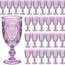 Wiwiqing 48 Pcs Plastic Goblets 7.5oz Vintage Goblet Plastic Wine Glasses Colored Retro Embossed Water Goblets for Wine Bar Juice Baby Shower Wedding Reception Grand Event Party (Purple)