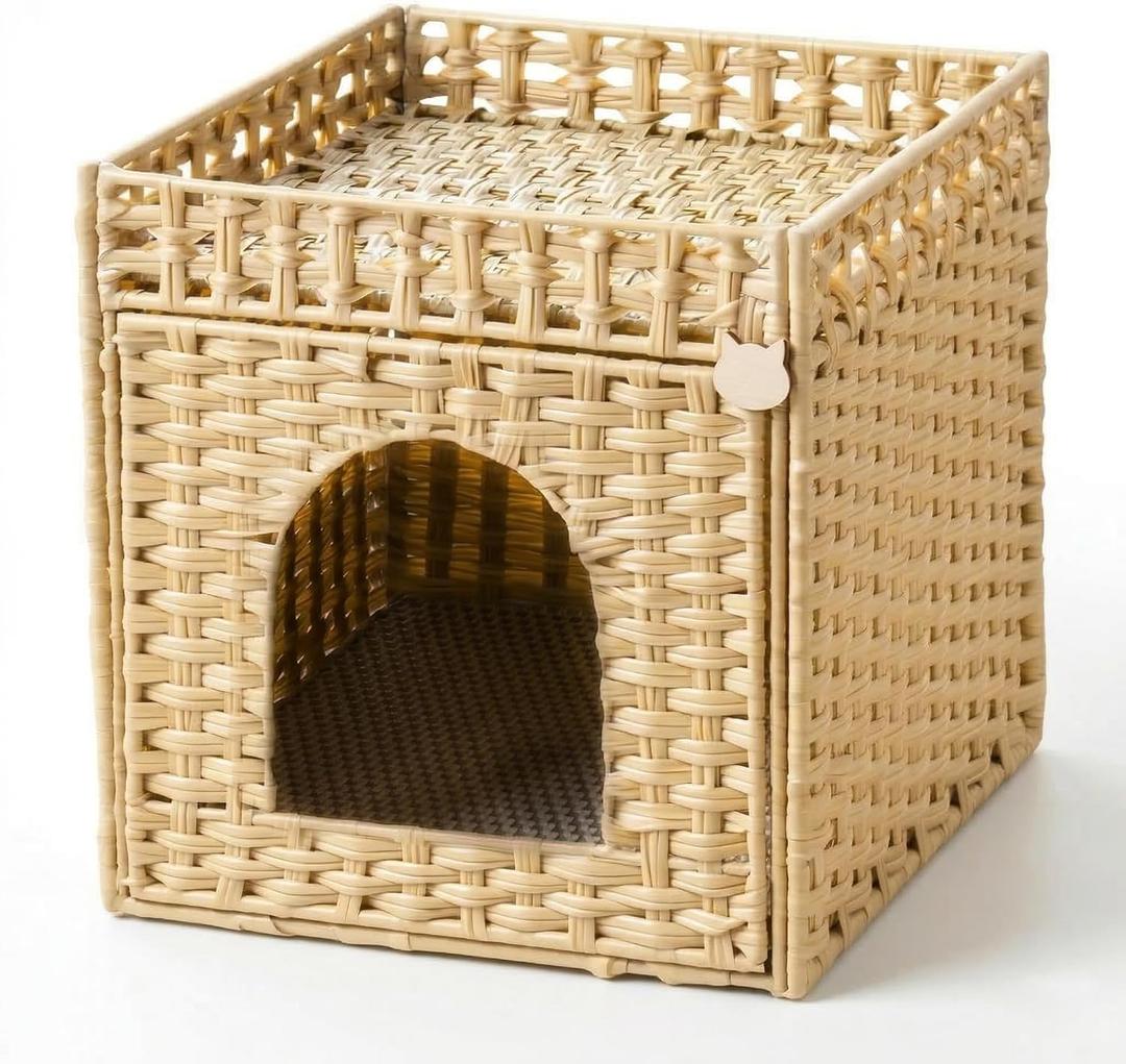 Cat Litter Box Furniture, Rattan Litter Box Enclosure Cabinet for Indoor Cats, Ventilated Covered Litter Box House, Decorative Litter Box Hider with Mat