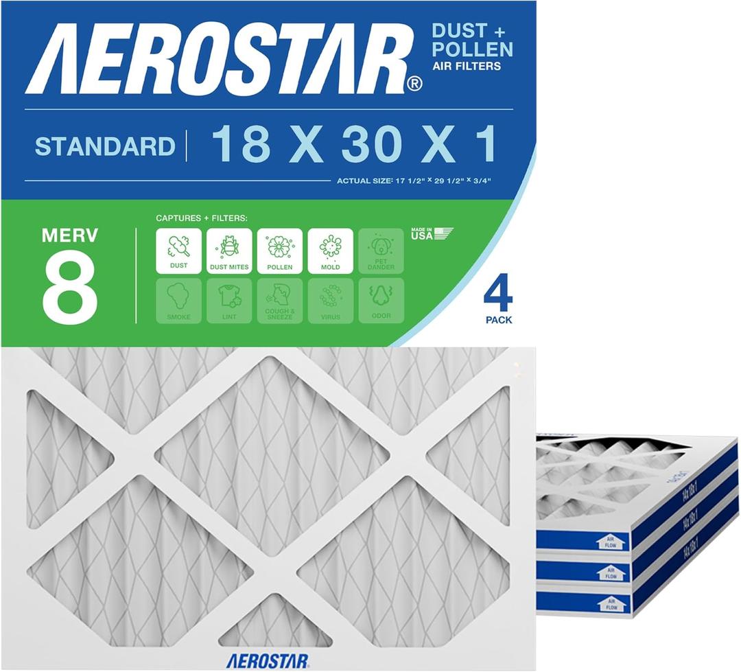 Aerostar 18x30x1 MERV 8 Pleated Air Filter, AC Furnace Air Filter, 4 Pack (Actual Size: 17 1/2" x 19 1/2" x 3/4")