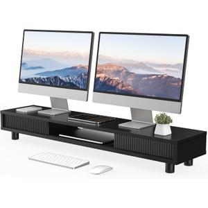 Fenge Dual Monitor Stand, 42.5inch Long Monitor Stands Riser for 2 Monitors, Sliding Door with Storage Organizer Stand for Desk, 2 Tier Desk Shelf for Laptop, Pc, Printer, Computer, TV
