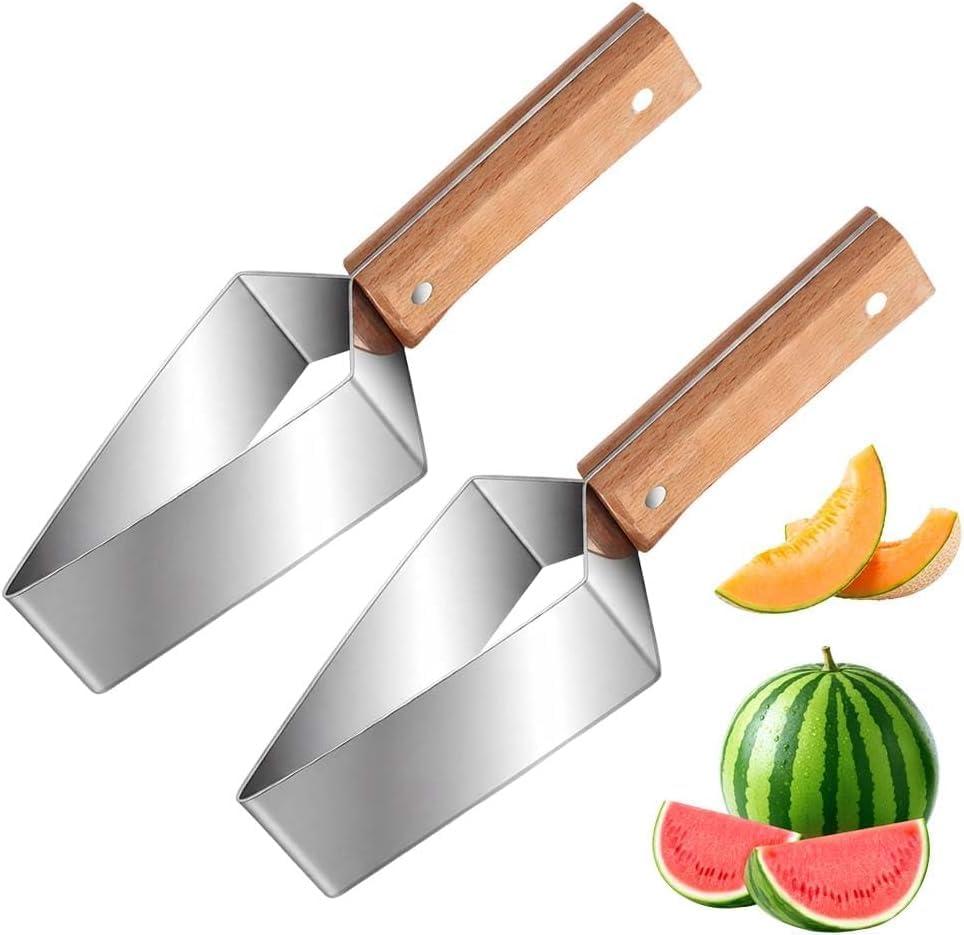 2 x 2pcs Triangle Watermelon Cutter,Triangle Fruit Cube Cutter with Wooden Handle, Easy Slice Tool for Watermelon, Melon, Apple & More