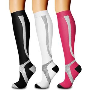 CHARMKING Compression Socks for Women & Men Circulation (3 Pairs) 15-20 mmHg is Best Support for Athletic Running Cycling (Small-Medium, 19 Strip-black/White/Pink)