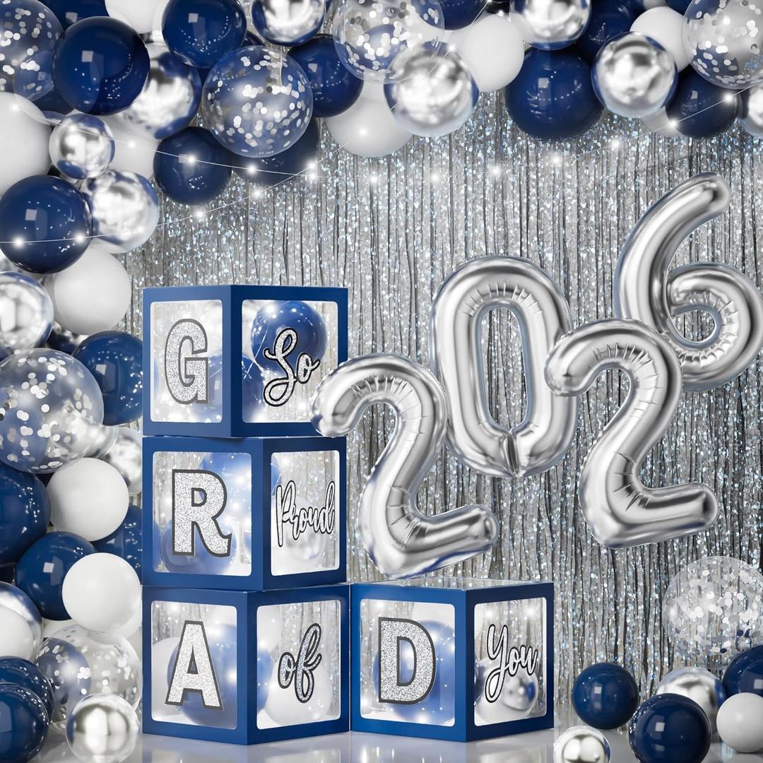 2026 Graduation Decorations - 86 PCS Graduation Party Decor Supplies Set Includes LED Light Strings Balloon Block Boxes with Letters Foil Curtains Backdrop 2026 Balloon Kit- Navy Blue & Sliver