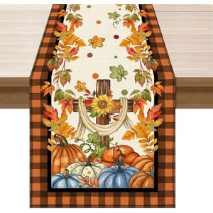 2 x XCHI Fall Cross Pumpkin Maple Leaves Plaid Table Runner Table Decoration for Kitchen Dining Dinner Thanksgiving Autumn Home Decor 13x120 Inch (Orange and Black)