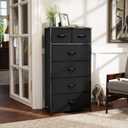 Fabric Dresser for Bedroom, Tall Skinny Dresser with 6 Drawers, Storage Organizer Tower, Steel Frame Wooden Top for Closet, Living Room, Hallway, Nursery(Black)